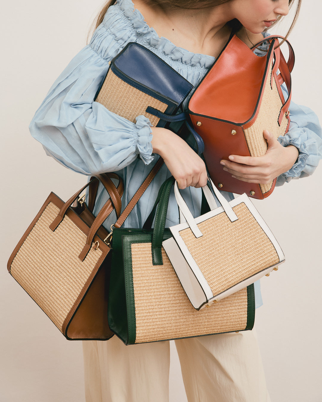 Mini Sophie raffia, camel leather